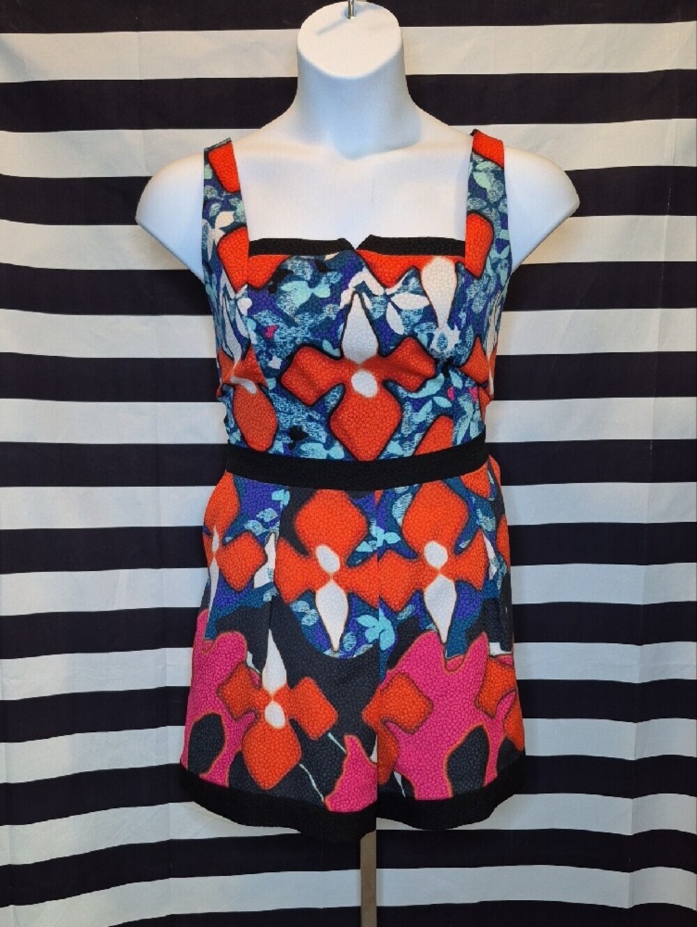 Peter Pilotto Bold Floral Print Sleeveless Romper in Red, Blue & Black